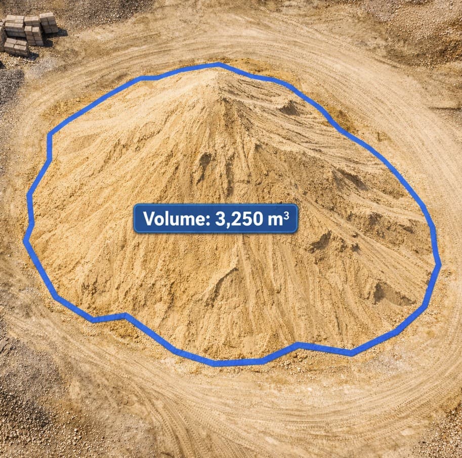Aerial drone view of stockpile with volume calculation overlay showing cubic measurements