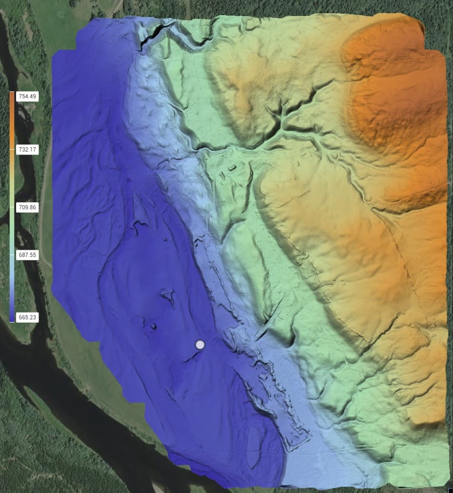 Digital Elevation Model with color gradient from blue to orange showing terrain elevation data